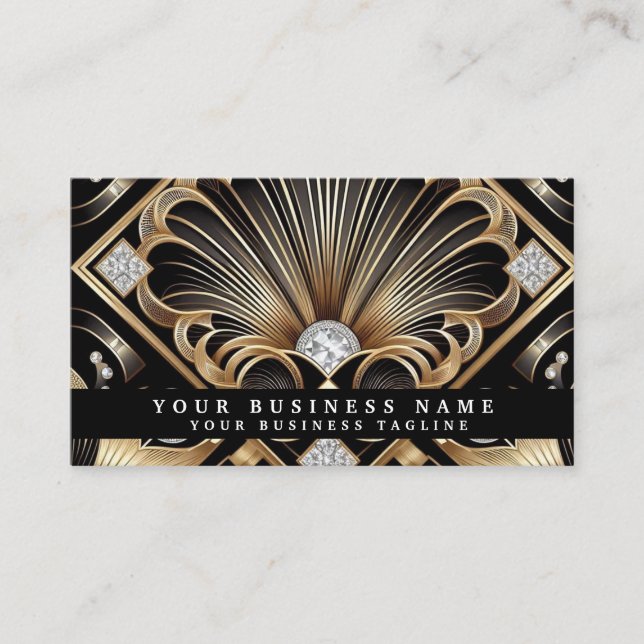 Cartes de visite Luxe Art Déco Noir Or Diamant (Devant)