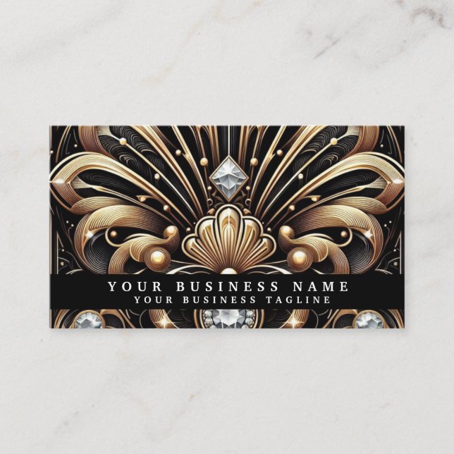 Cartes de visite Luxe Art Déco Noir Or Diamant (Devant)