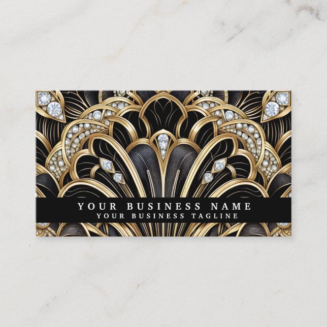 Cartes de visite Luxe Art Déco Noir Or Diamant (Devant)