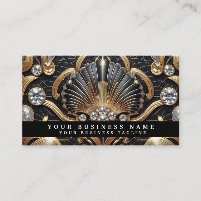 Cartes de visite Luxe Art Déco Noir Or Diamant (Devant)
