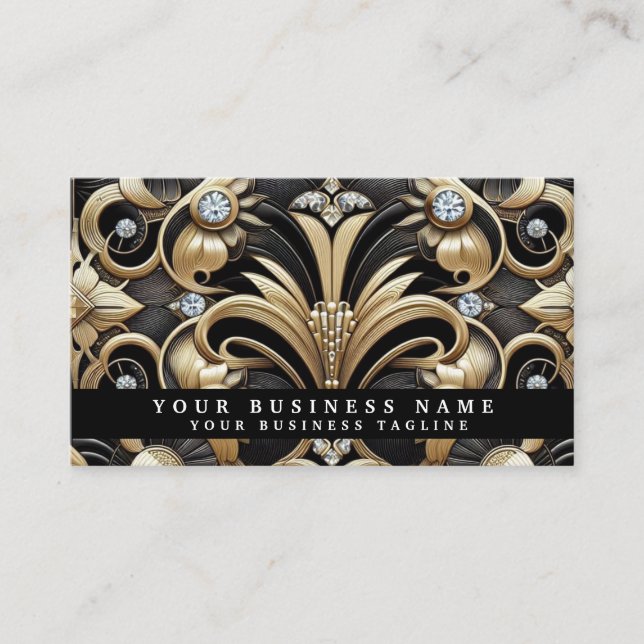 Cartes de visite Luxe Art Déco Noir Or Diamant (Devant)