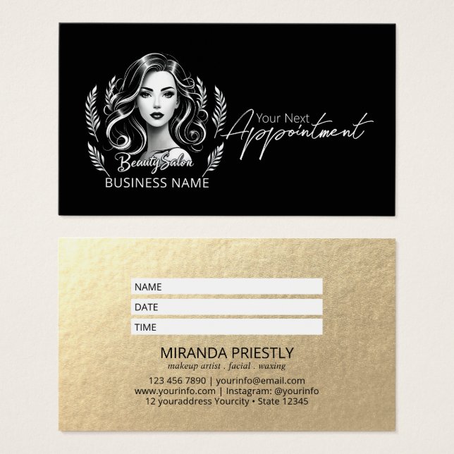 Cartes De Visite Maquillage Artiste Coiffure Stylo moderne Noir Bla (Devant & derrière)