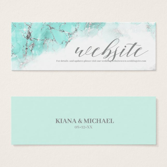 Cartes De Visite Marble Glitter Wedding Website Teal Silver ID644 (Devant & derrière)