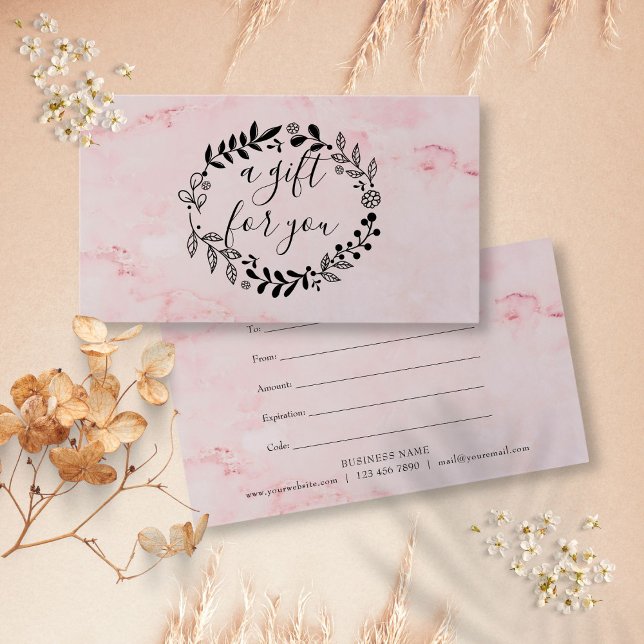 Cartes De Visite Marbre rose Woodland Garland Certificat cadeau (Pink Marble Woodland Garland Gift Certificate)