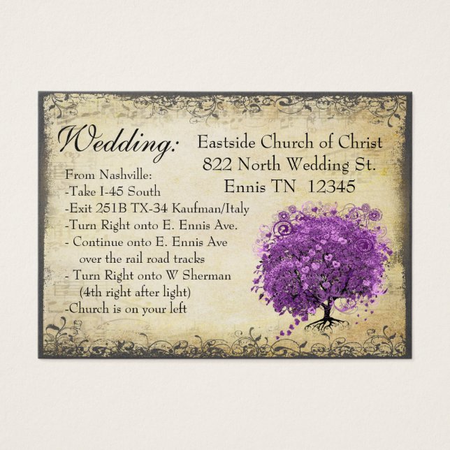Cartes De Visite Mariage de feuille d'arbre de coeur violet radiant (Devant)