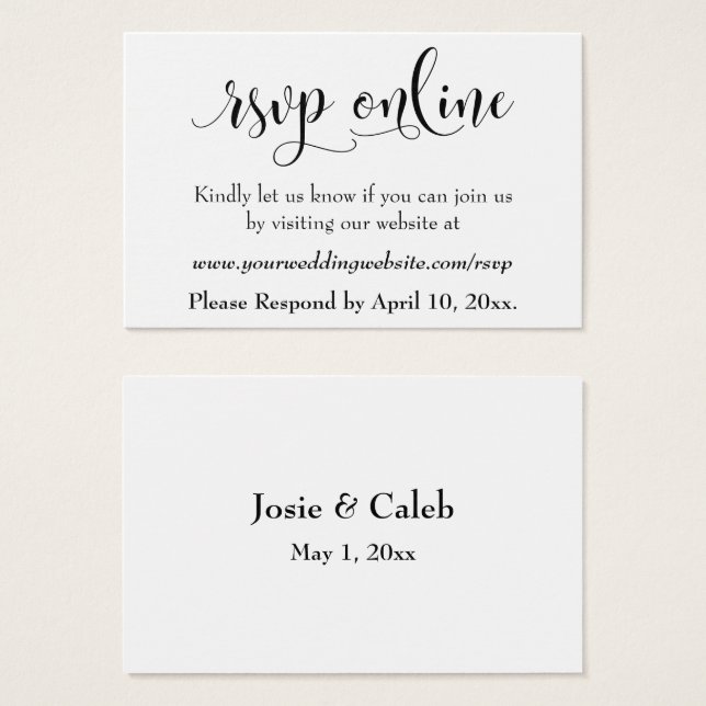 Cartes De Visite Mariage RSVP en ligne Insérer un script noir, blan (Devant & derrière)