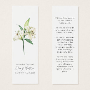 Cartes De Visite Marque-page de deuil simple en l'honneur de Lily