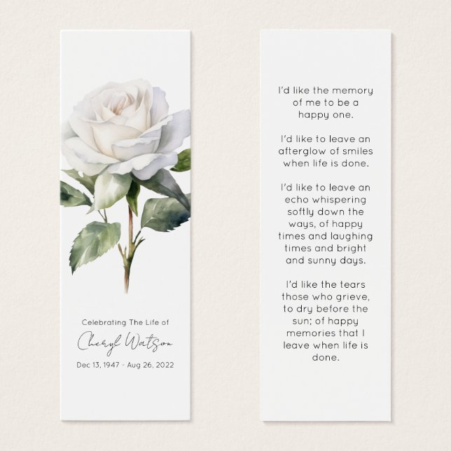 Cartes De Visite Marque-page de deuil simple rose blanche mémorial (Devant & derrière)