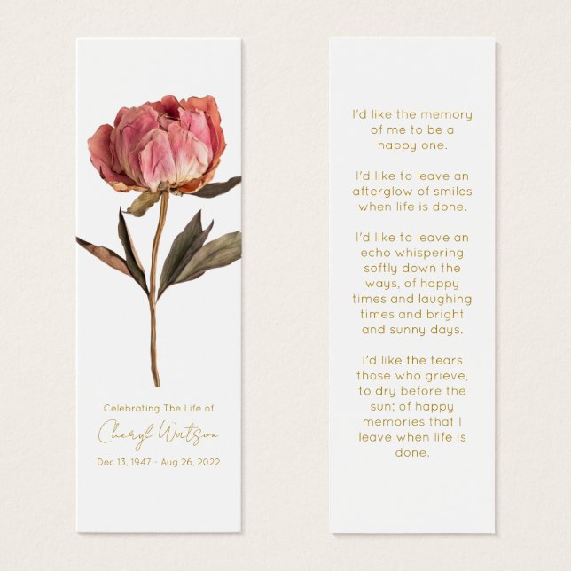 Cartes De Visite Marque-page de mémorial funéraire de pivoine simpl (Devant & derrière)