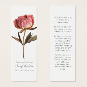 Cartes De Visite Marque-page de mémorial funéraire de pivoine simpl