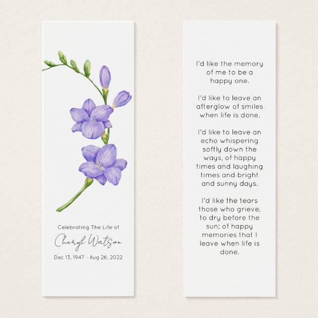 Cartes De Visite Marque-page mémorial funéraire simple Freesia (Devant & derrière)