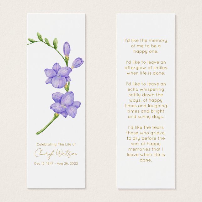 Cartes De Visite Marque-page mémorial simple funéraire Freesia (Devant & derrière)