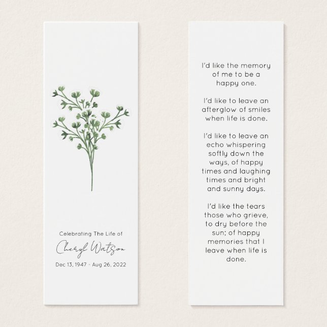 Cartes De Visite Marque-page mémorial simple Gypsophile pour funéra (Devant & derrière)