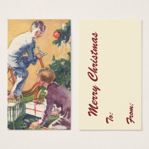 Cartes De Visite Matin de Noël Vintage, Enfants avec Présents