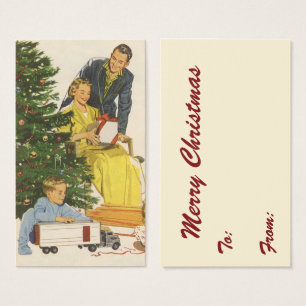 Cartes De Visite Matin de Noël vintage, famille ouvrant des cadeaux
