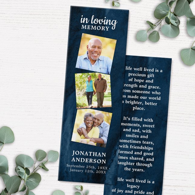 Cartes De Visite Memorial 3 Photo Signet de prière funéraire bleu (Créateur téléchargé)