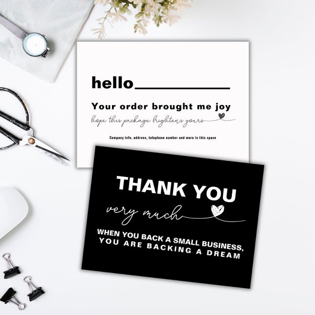 Cartes De Visite Merci appréciation du client Noir coeur note (Customer appreciation Black note heart)