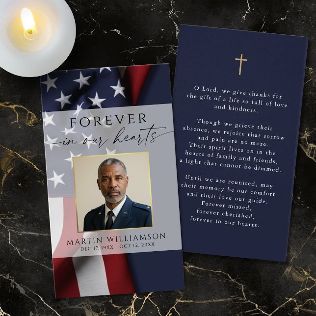 Cartes De Visite Military USA Flag Photo Cross Funeral Prayer Card (Créateur téléchargé)