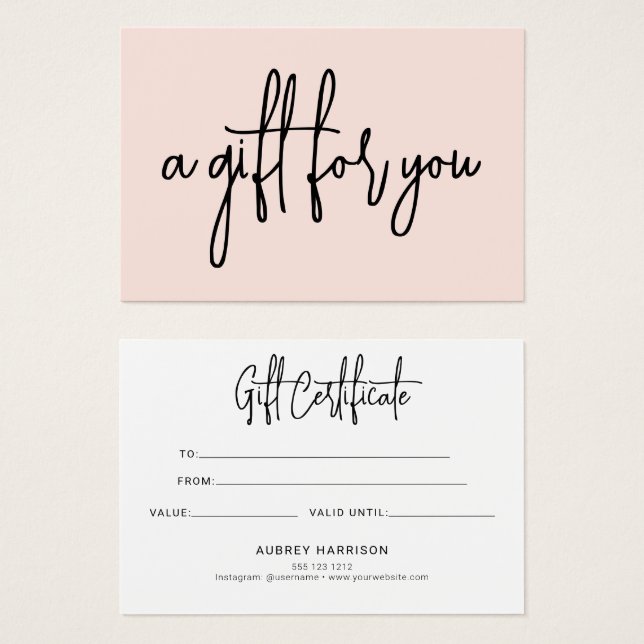 Cartes De Visite Minimalist Script Blush Pink Gift Certificate (Devant & derrière)