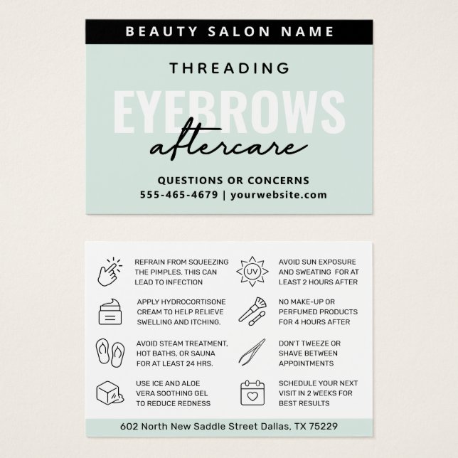 Cartes De Visite Mint moderne Simple Eyebrow Threading Aftercare (Devant & derrière)