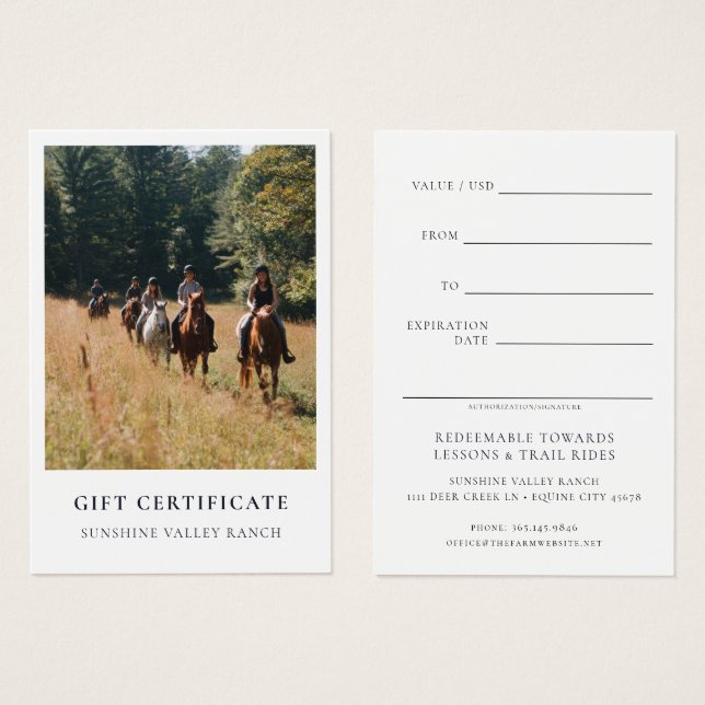 Cartes De Visite Modèle de certificat cadeau pour leçons d'équitati (Devant & derrière)