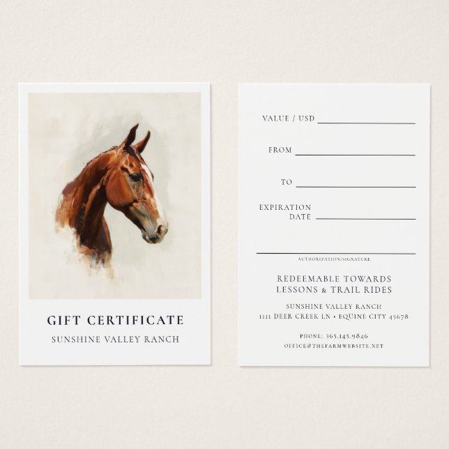 Cartes De Visite Modèle de certificat cadeau pour leçons d'équitati (Devant & derrière)