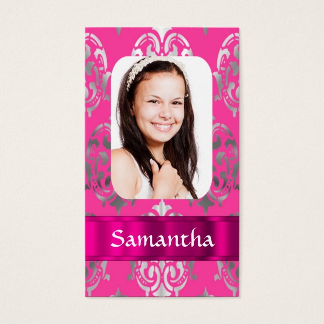 Cartes De Visite Modèle photo damassé rose (Devant)