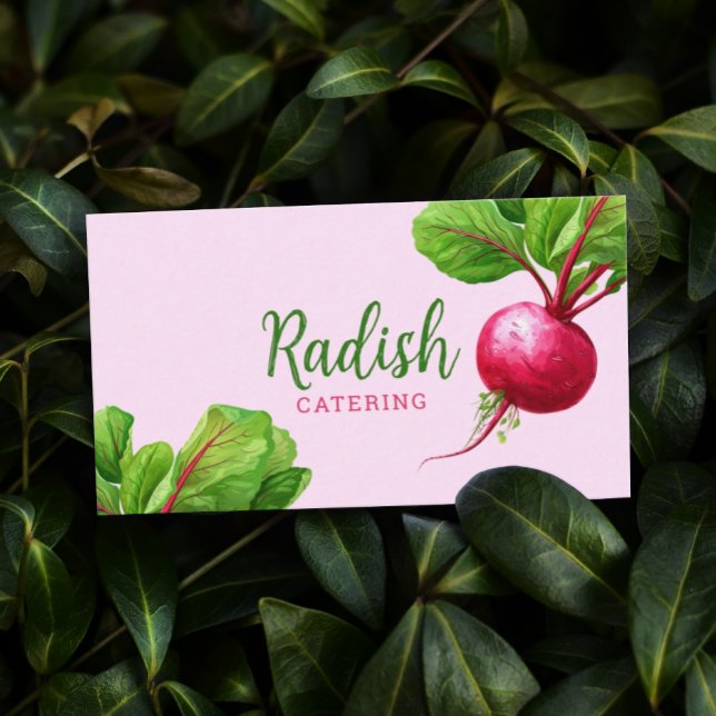 Cartes de visite modernes pour traiteur rose (Light pink business card featuring modern and dynamic radish watercolor illustrations.)