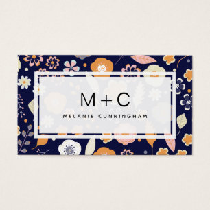 Cartes de visite Monogram Navy Blue Flowers