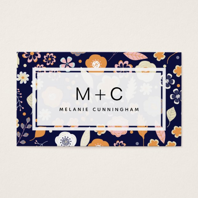 Cartes de visite Monogram Navy Blue Flowers (Devant)