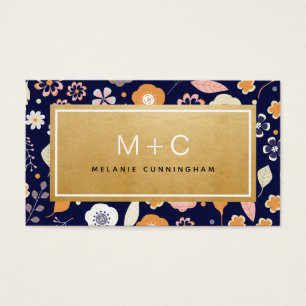 Cartes de visite Monogram Navy Blue Gold Flowers