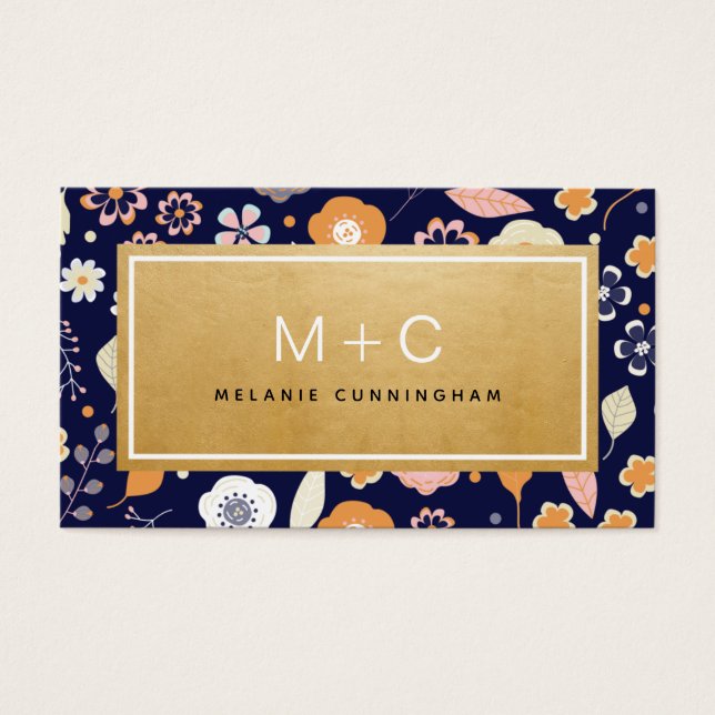Cartes de visite Monogram Navy Blue Gold Flowers (Devant)