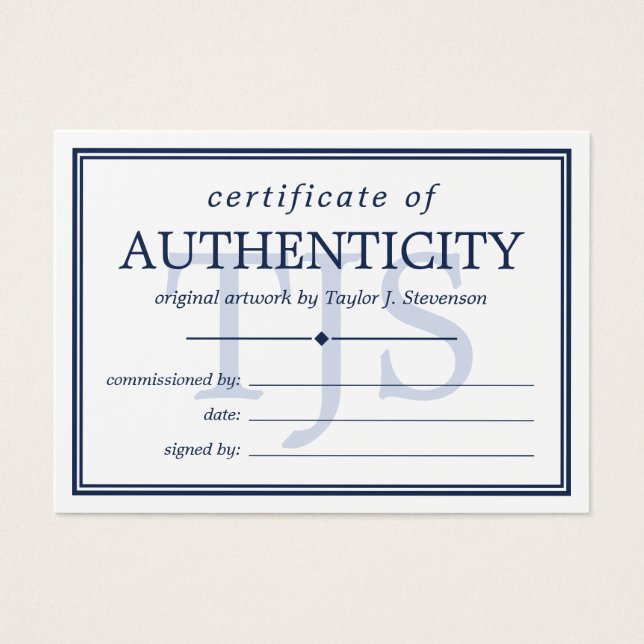 Cartes De Visite Monogramme blanc de la marine Certificat d'authent (Devant)