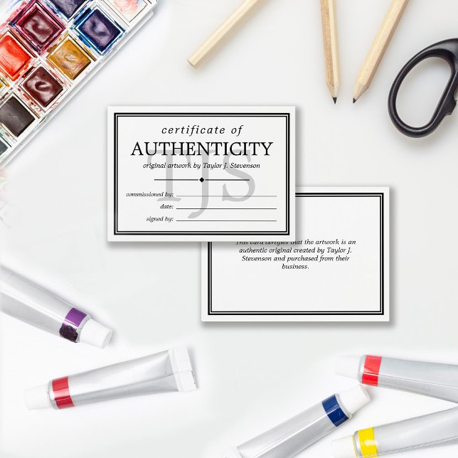 Cartes De Visite Monogramme noir blanc Certificat d'authenticité (Créateur téléchargé)