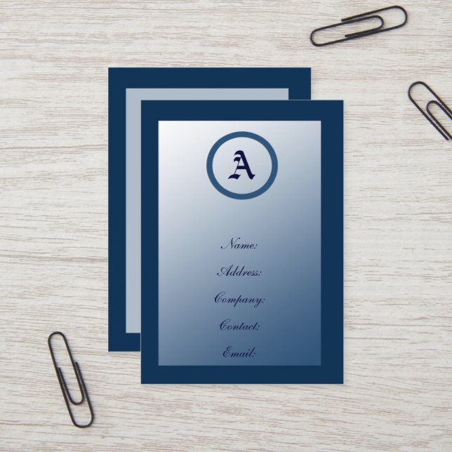 Cartes de visite Monogrammes bleus personnalisable (Devant/Arrière en situation)