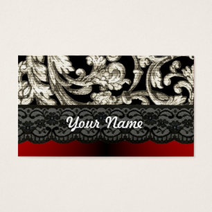 Cartes De Visite Motif floral noir et rouge de damassé