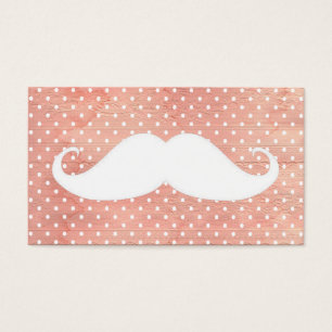Cartes De Visite Moustache blanche drôle sur le motif de pois rose