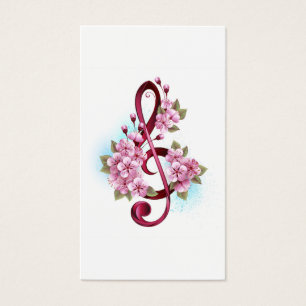 Cartes De Visite Musical treble clef notes with sakura flowers