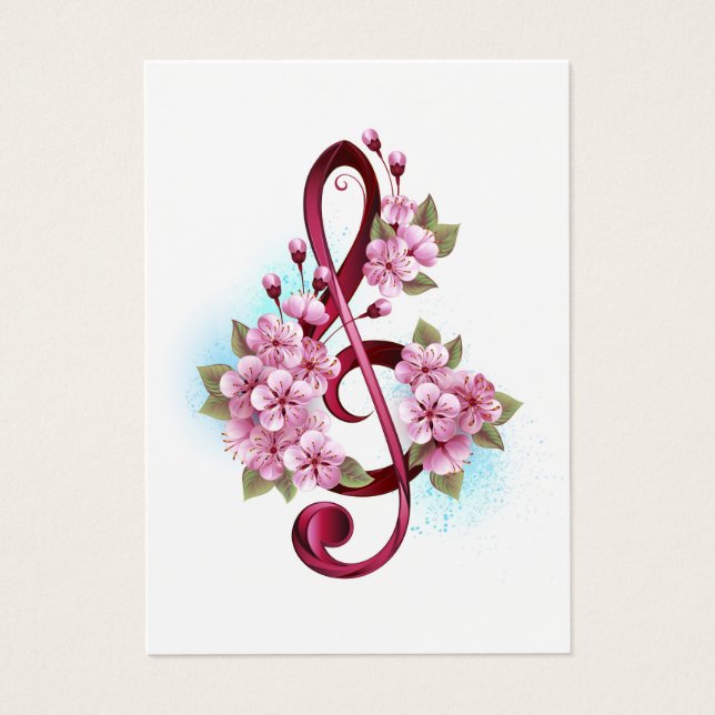 Cartes De Visite Musical treble clef notes with sakura flowers (Devant)