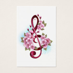 Cartes De Visite Musical treble clef notes with sakura flowers