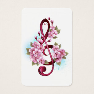 Cartes De Visite Musical treble clef notes with sakura flowers
