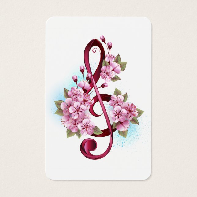 Cartes De Visite Musical treble clef notes with sakura flowers (Devant)