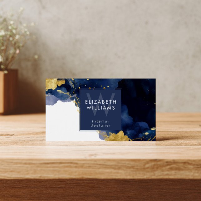 Cartes De Visite Navy Blue Gold Abstract Monogram Business Card (Créateur téléchargé)