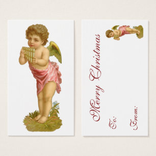Cartes De Visite Noël vintage, ange musicien avec flûte de Pan