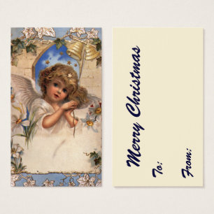 Cartes De Visite Noël vintage, Ange victorien avec cloches d'or