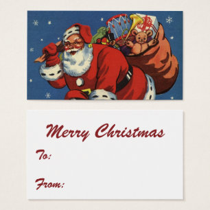 Cartes De Visite Noël vintage, le Père Noël descend dans la cheminé