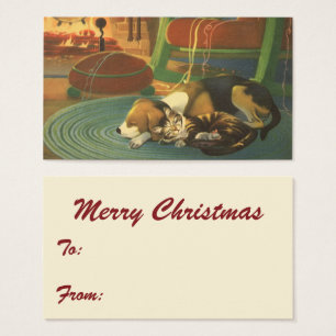 Cartes De Visite Noël Vintage, Les animaux dormant par cheminée