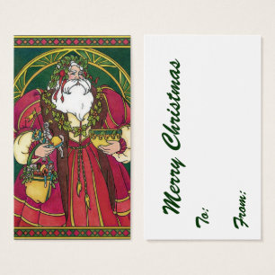 Cartes De Visite Noël vintage, Père Noël avec feuilles de houx