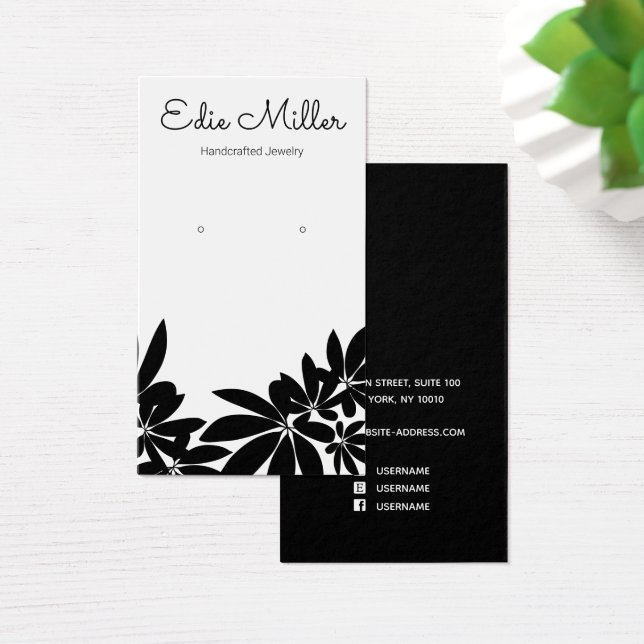 Cartes De Visite Noir Blanc floral Script de police oreille (Bureau)