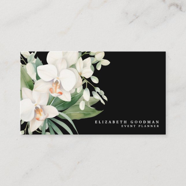 Cartes de visite noires aux orchidées blanches mod (Devant)